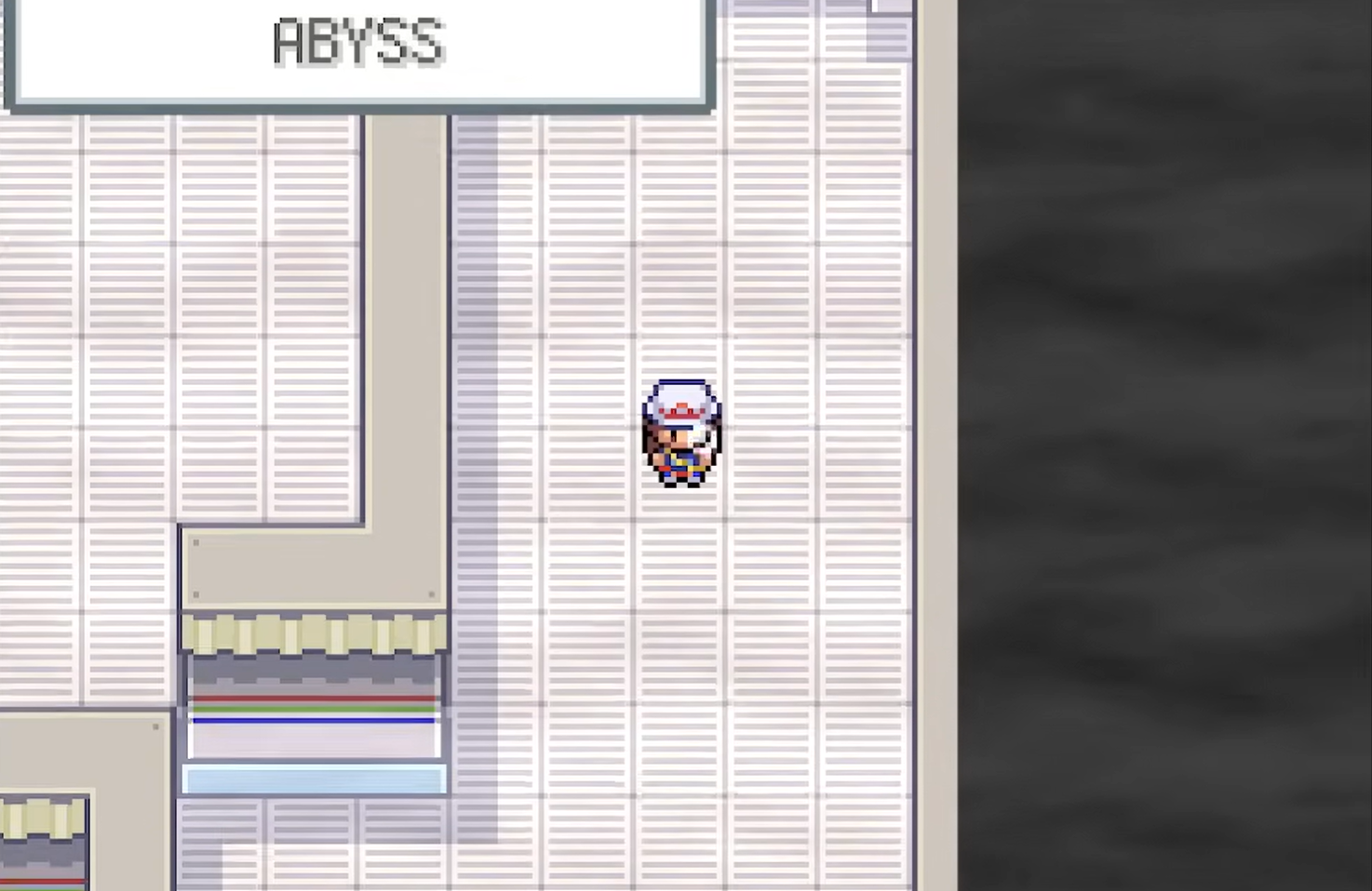 The player standing in a pale industrial area labeled ABYSS, with a dark void covering the right side of the screen.