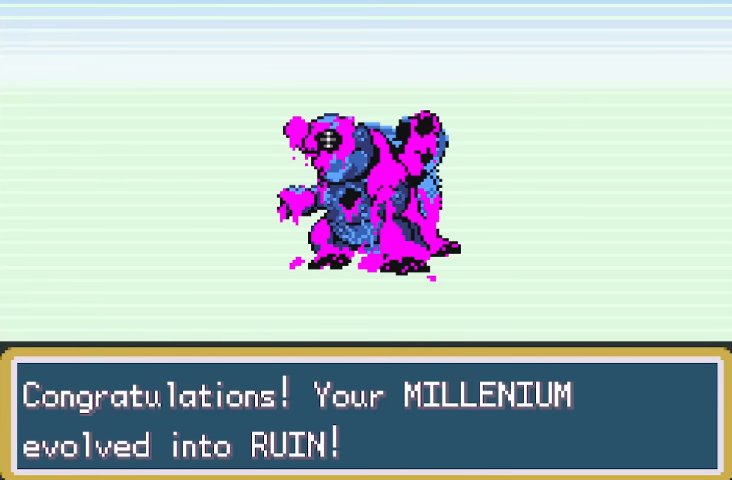 A blue and magenta custom creature shown with in-game text announcing that Millennium evolved into Ruin.