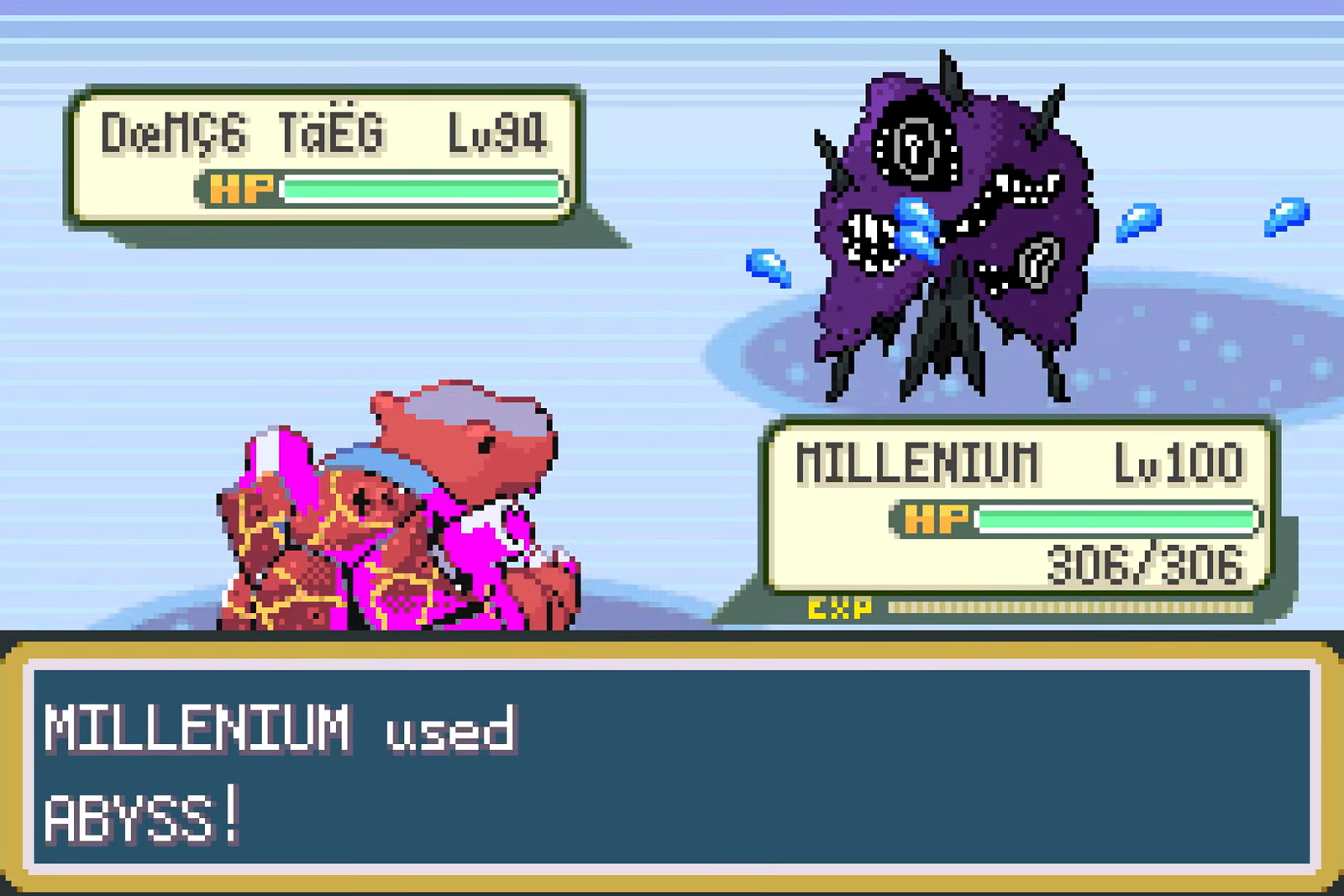 A late-game battle showing a custom Blastoise evolution facing a purple hidden boss creature named OverHGS TaEG.