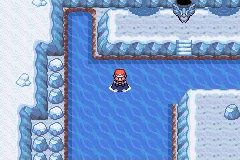 The player surfing through an icy cave surrounded by frozen walls.