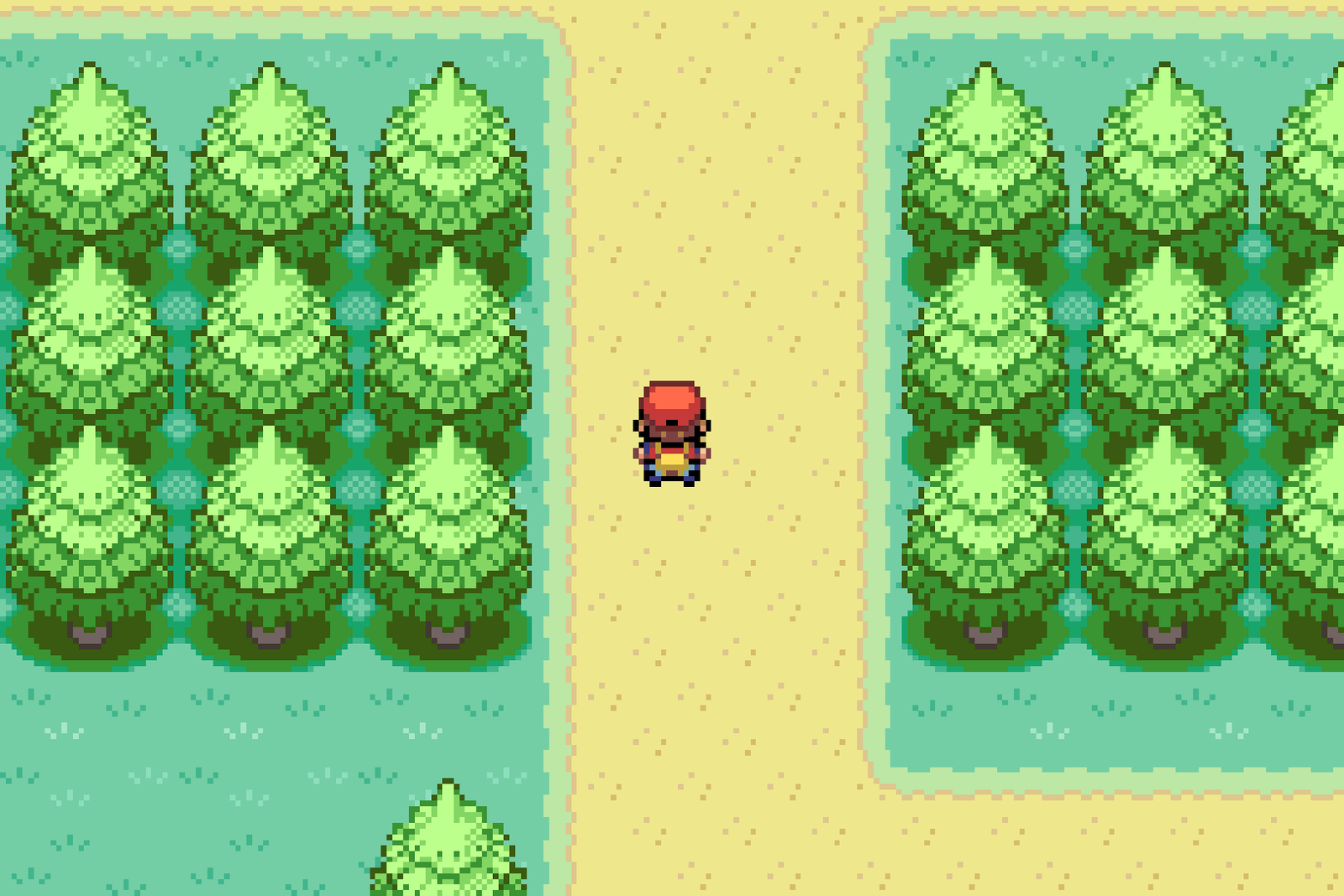 The player character standing on a tree-lined Kanto path during exploration.