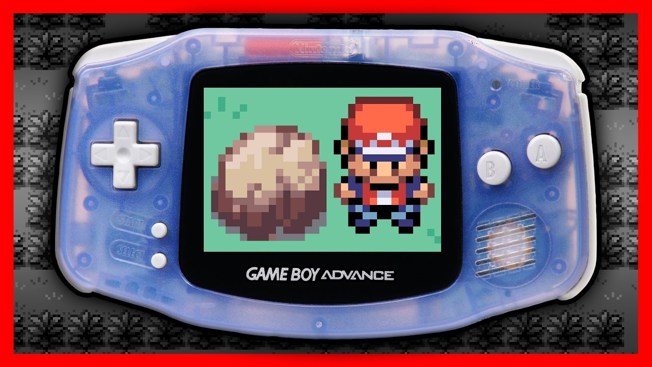 A FireRed-style player character standing beside a newly placed rock near a rectangular pool of water while dialogue reads, “There is a new rock by the water.”