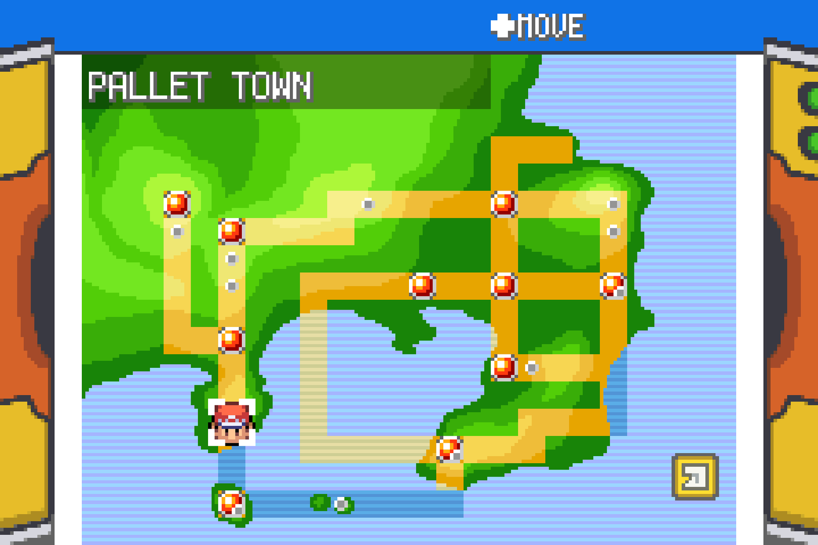 The FireRed town map interface showing Pallet Town and the connected Kanto routes.