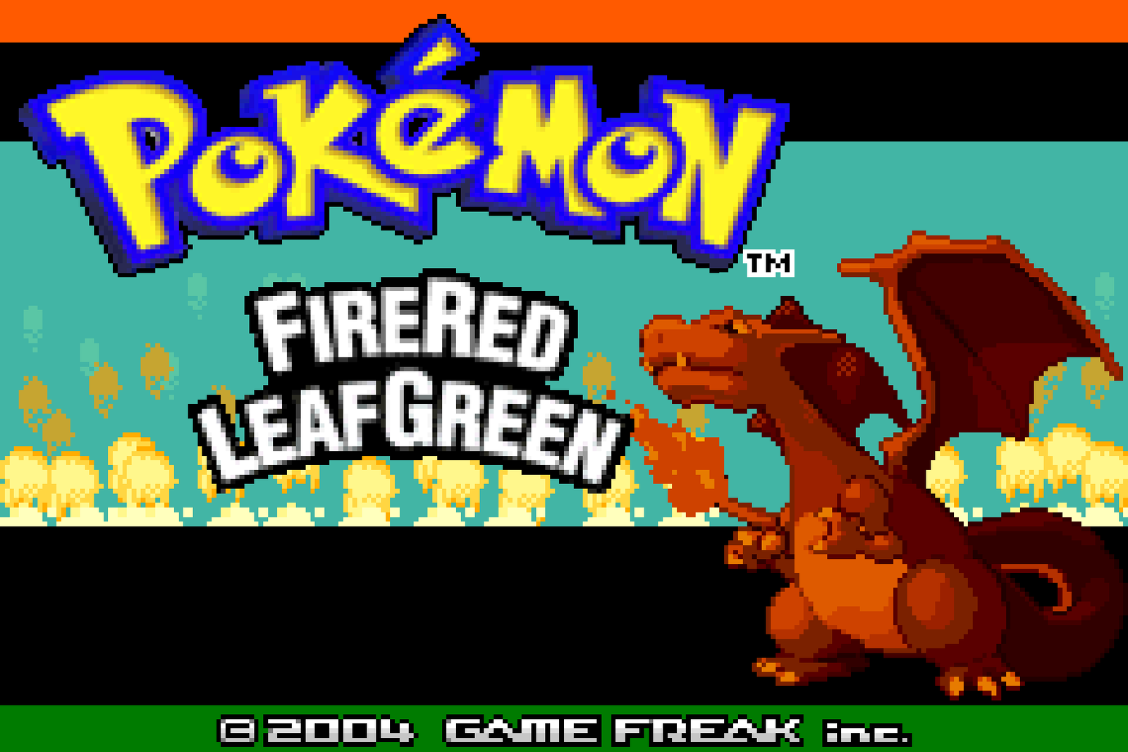 The Pokemon FRLG.ips title screen with FireRed and LeafGreen lettering and a large Charizard silhouette.