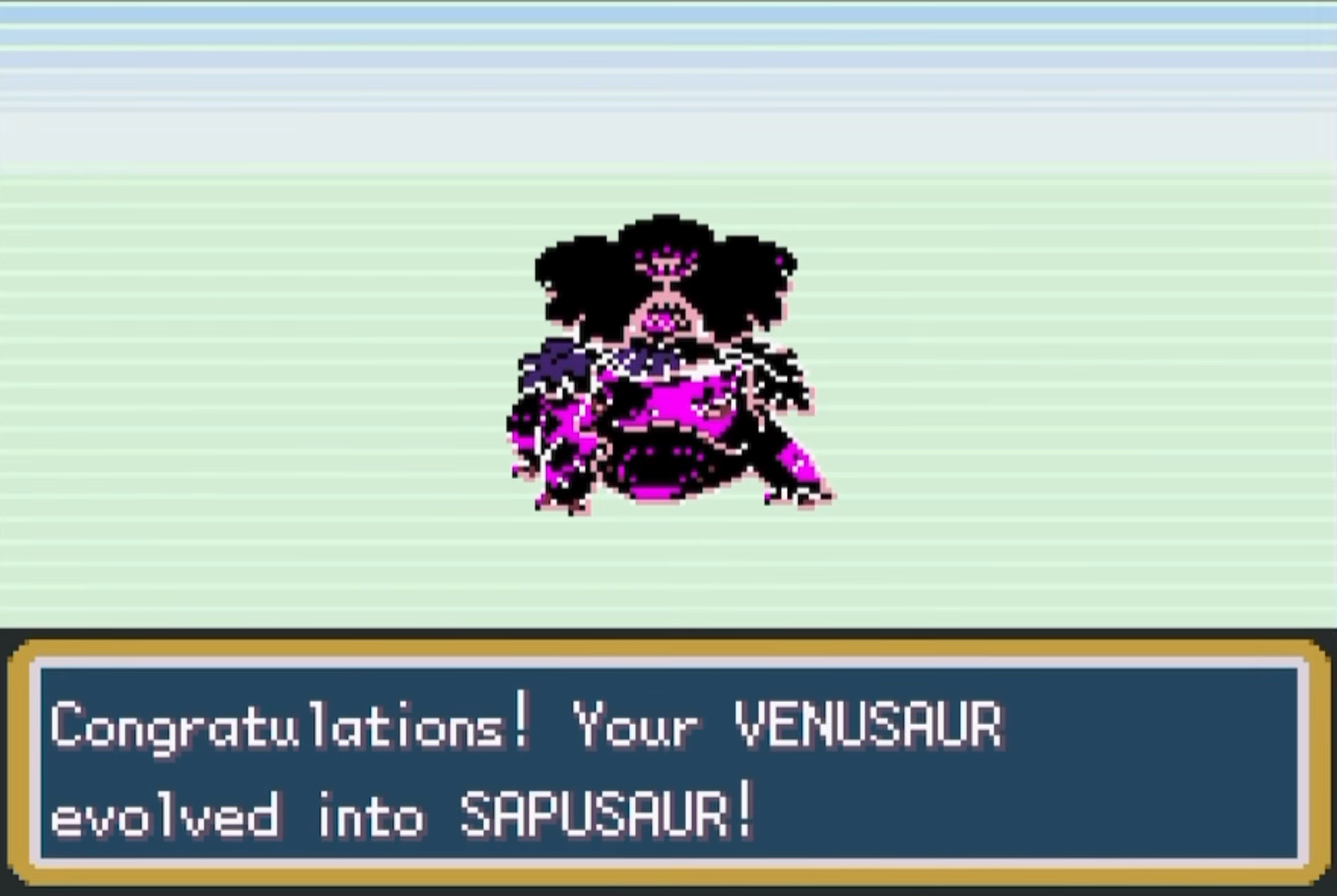 A black and magenta custom Venusaur evolution shown with in-game text announcing that Venusaur evolved into Sapusaur.